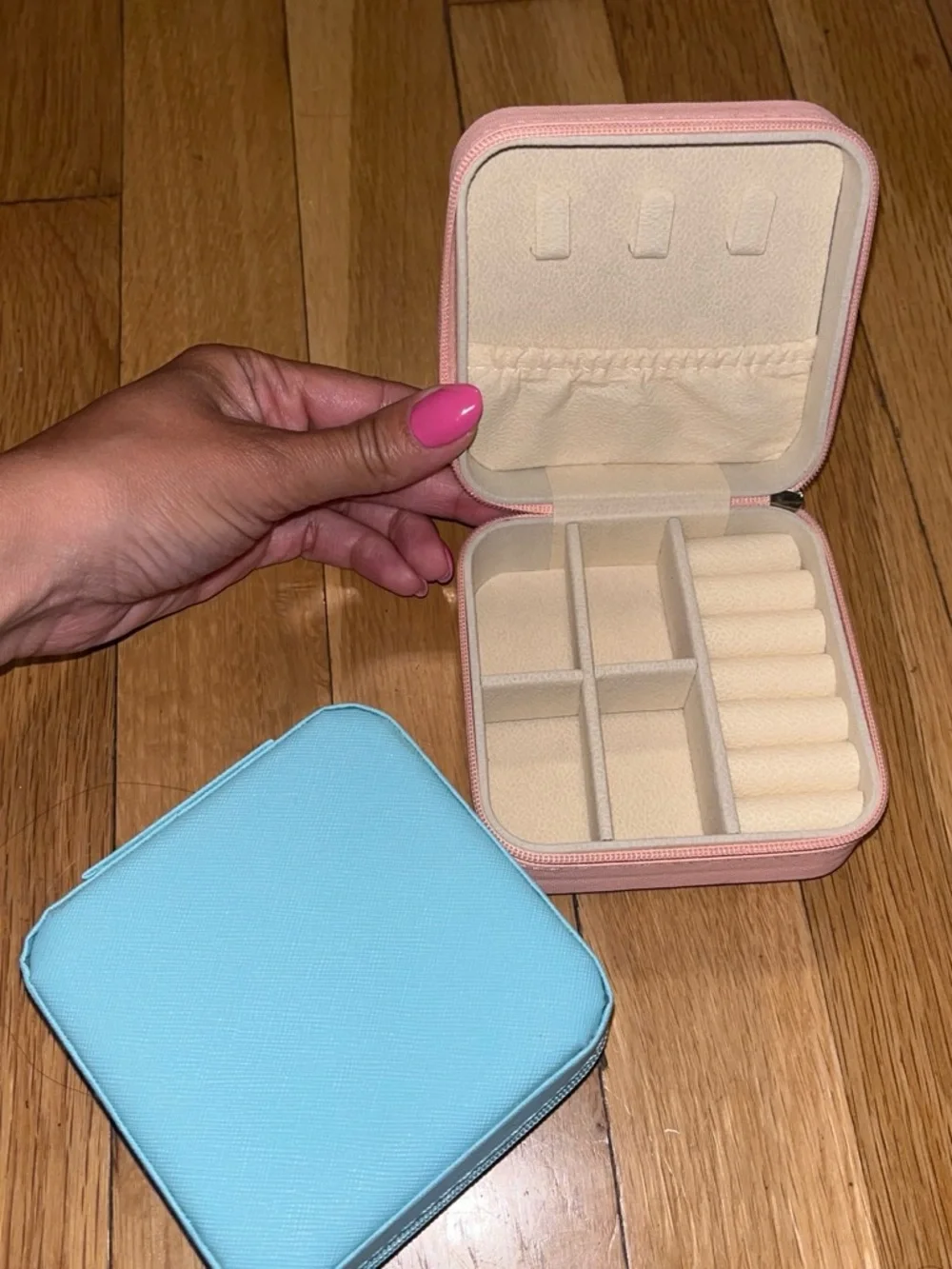 Compact Travel Jewelry Organizer Case - Multi-Compartment (Baby Blue + Pink)